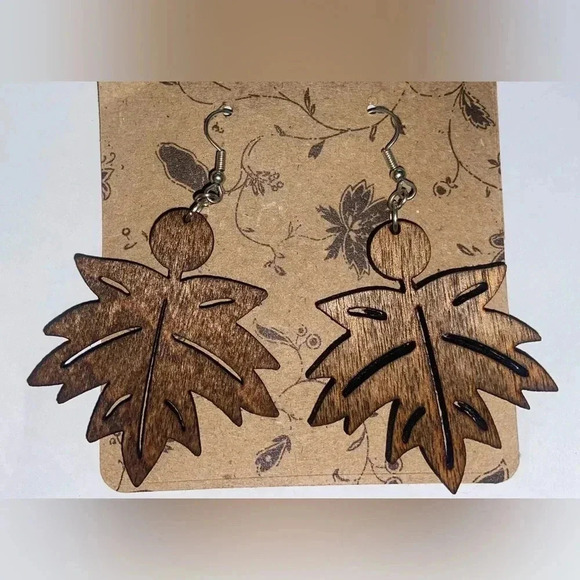 Handcrafted Wooden Leaf Earrings - Picture 1 of 3